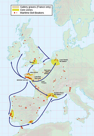 Distribution map of Maritime Bell Beakers for article by Barry Cunliffe.