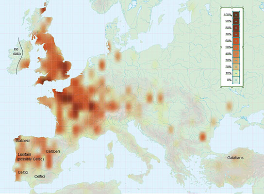 Map demonstrating frequencies of Celtic place-names for article by Stephen Oppenheimer.
