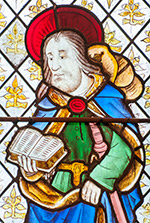 Stained glass image of St James, Llanasa.