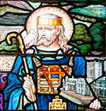 Image of St David in stained glass, at Llanbadarn Fawr.