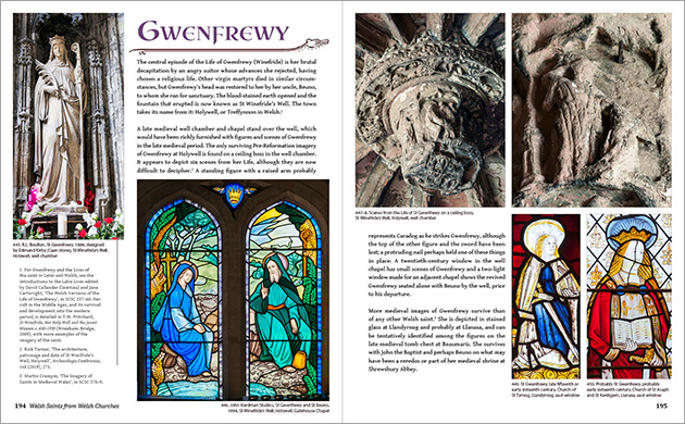 Double page spread with images of St Gwenfrewy.