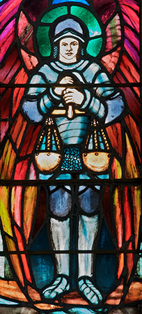 St Michael, figure by Joan Howson at Llanfihangel-y-traethau